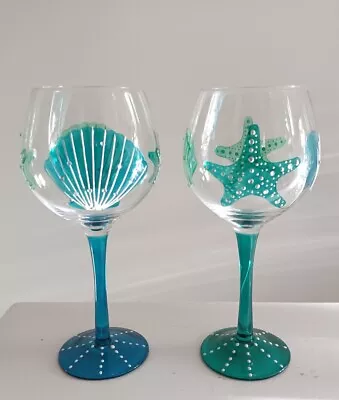 Hand Painted Embellished SEA SHELL STARFISH Ocean Goblets Glasses - Set/2 - NEW • £35.63