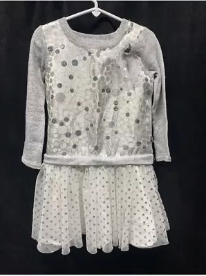 Dollie And Me Size 4/5 Girls Silver Long Sleeve Dress With Netting And Dots • $12.99