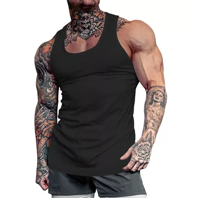 Men's Muscle Tank Tops Sleeveless Gym Bodybuilding Stretchy Workout T-Shirt Vest • £11.62