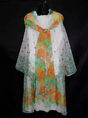 Vintage 70s S M Rona White Orange Yellow Floral 2 Piece Dress Sheer Sleeve Scarf • $24.99