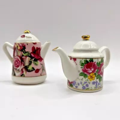 Lot Of 2 Vintage Miniature 2.5  Porcelain Teapots Pink Floral Roses Gold Accents • $13.60
