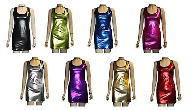 £19.99 • Buy Metallic Shiny Pvc Silver Pink Black Grease Wetlook Long Vest Tank Top Dress