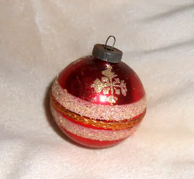Vtg West Germany Glass Ball Ornament Red W/ White Mica & Gold & Snowflake Design • $4.25