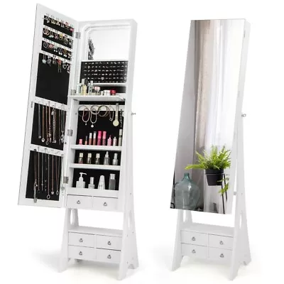 Freestanding Wooden Full Length LED Mirrored Jewelry Armoire W/6 Storage Drawers • $147.98