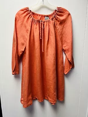 La Fixsun Women's Sz M Orange Tunic Blouse 100% Linen Peasant Style Relaxed VGC • $19.99