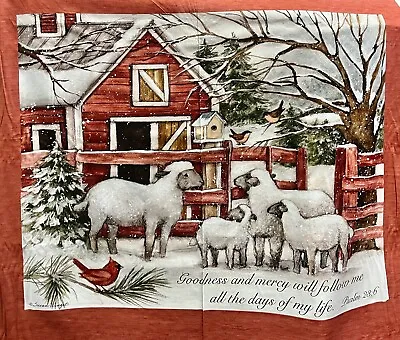 Sheep Red Barn Winter Scene Goodness Mercy Psalms Cotton Fabric Panel  • £14.95