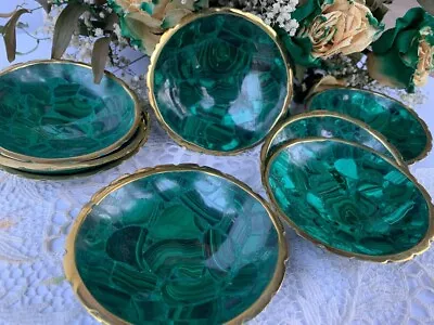 4  MALACHITE BowlGreenMalachite DishHand CarvedBirds Eye MalachiteBrass Rim • $33.15