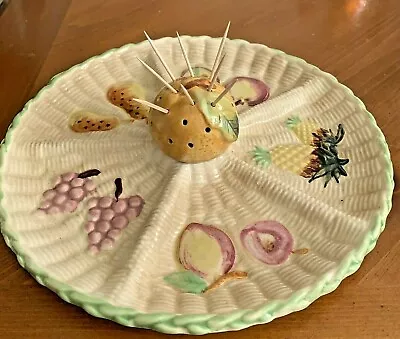 Vintage Japan Majolica Hors D' Oeuvres Plate Snack Tray Center Toothpick Holder • $18