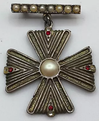 Vintage Gold Tone Dangling Maltese Cross Brooch Pin W/ Faux Pearls & Rhinestones • $26.39