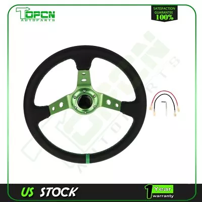 Universal 350MM 3  Deep Dish 6 Bolt Green Leather Racing Steering Wheel New • $28.70