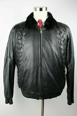 Vintage Mens Zilli Leather & Fur Woven Bomber Jacket France Black M • $1050