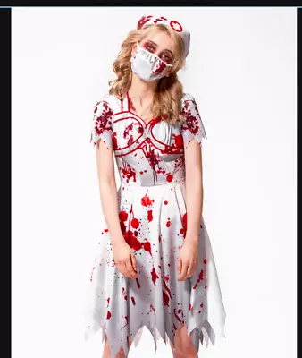 Ladies/Teens Zombie Nurse Costume 3 Piece Set Halloween Walking Dead Outfit • £10.99