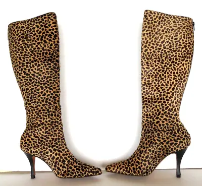 Manolo Blahnik Vintage Pony Hair Leopard Tall High Heel Designer Boots Sz 38.5 • $576