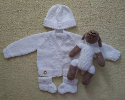 Hand Knitted - New Born Set - Cardigan Hat Bootees & Lamb - White  • £10