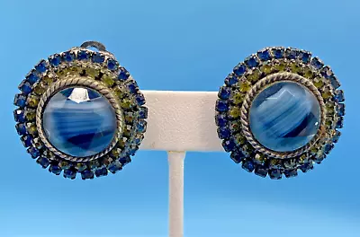 HAR Signed Marble Glass Blue Green Rhinestone Clip Earrings Silver-Tone VTG • $179.95