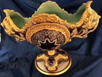 Rare Majolica Centerpiece Compote  Jardiniere Ornate Navy Teal  Gold  Minton? • $550