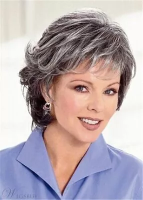 Women Gray White Hair With Black Mixed Short Wigs With Bangs For Mom Natural Wig • $16.60