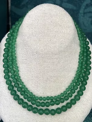 VTG.ART DECO GREEN GLASS BEAD 3 STRAND NECKLACE About 16” • $89