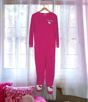 Vintage Sanrio Women's Hello Kitty One Piece Body Suit Footed Pajamas Large Pink • $30.42