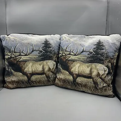 2 Vintage Tapestry Throw Pillows Elk Cool Man-cave Hunting Camp Pillows 14x14” • $24.99