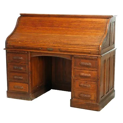 Antique Derby School Paneled Oak Roll Top Desk With Full Interior C1900 • $4400