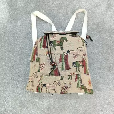 Vintage Tan Knit Backpack Embroidery Rucksack Horse Farm People Carry • £13.49