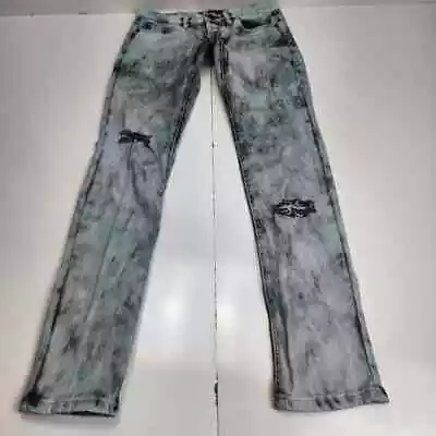 VTG Rude Brand Button Fly Blue Acid Wash Distressed Skinny Jeans Mens Size 28x32 • $19.99