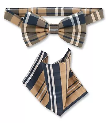 Vesuvio Napoli BowTie Navy Brown White Plaid Design Mens Bow Tie Handkerchief • $12.95