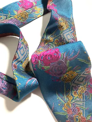 GIANNI VERSACE VINTAGE '90s GREEK KEY ROSES JACQUARD TIE FLOWERS SHEENY ITALY • $99.24