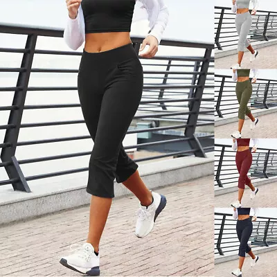 Womens Elasticated Waist Yoga Pants Three Quarter 3/4 Capri Cropped Trousers Uk • £9.79