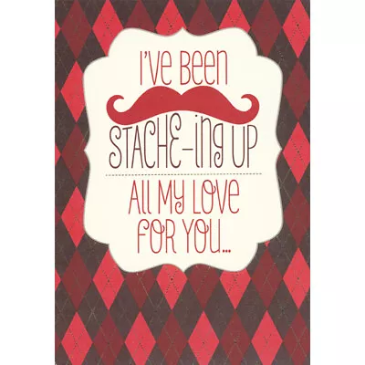 Dark Red Mustache On Tan Banner Over Argyle Bkgd Masculine Valentine's Day Card • $3.69