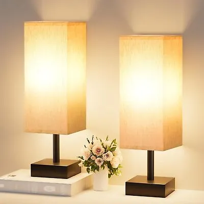 Small Table Lamps Set Of 2 - Beige Minimalist Lamps Set Square Fabric Shade • $28.99