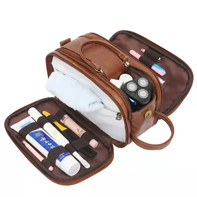 Water Resistant Leather Toiletry Bag Mens Large Capacity Travel Wash Bag Shaving • £13.63