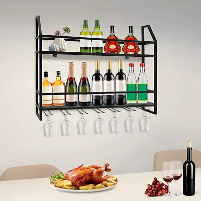 Black 2 Tier Bar Wall-Mounted Shelf Metal Wine Rack For 20 Bottles &  7 Goblets • $47.50