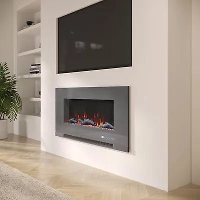 NEW Modern Grey Wall Mounted Electric Fire - Log & Crystal Fuel Bed - Remote Con • £135.92