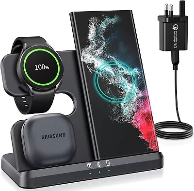 3 In 1 Wireless Charger Samsung Galaxy Watch Note S Z IPhone Qi-Certified Dock • £24.99