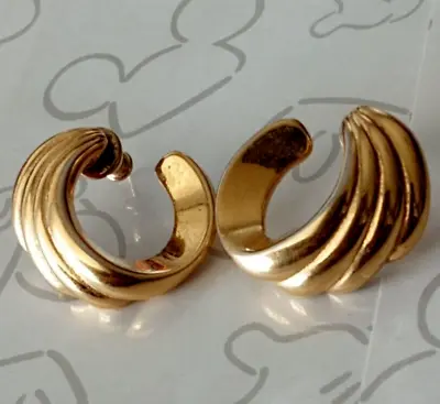 Vintage Monet Half Swirl Wave Circle Wavy Gold Tone Hoop Pierced Stud Earrings • $12.99