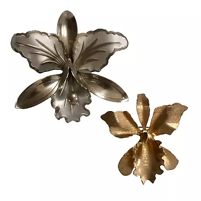 Vintage Orchids - 2 Sculpted Metal Orchid Flower Pins/Brooches • $0.99