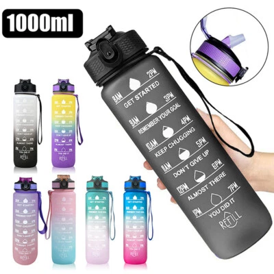 1L Water Bottle Motivational Drink Flask With Time Markings BPA Free Sport Gym • $5.95