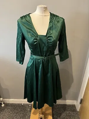 Ladies Hell Bunny Vixen Green Satin Look Vintage Style Belted Dress Size Large • £15