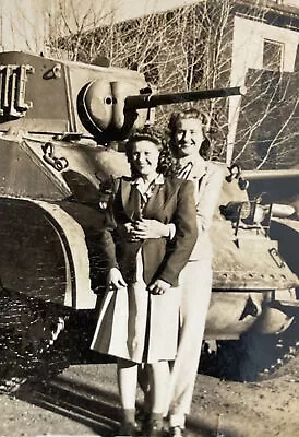 Vintage Snapshot Two Women Posing By Military Tank Louise & Girl Friend • $3.50