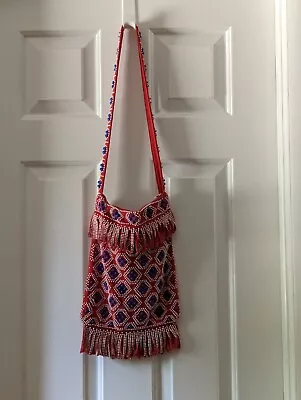 Vintage Plastic Beaded Hobo Fringed Candy Dot Purse 60-70's Red White  Blue • $10.99