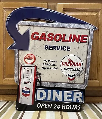 Chevron Gasoline Service Sign Diner Metal Oil Garage Vintage Style Wall Decor • $52
