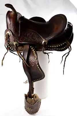 Antique VTG Youth Western Saddle Beautiful Tooled Leather & Hooded Wood Stirrups • $232.19