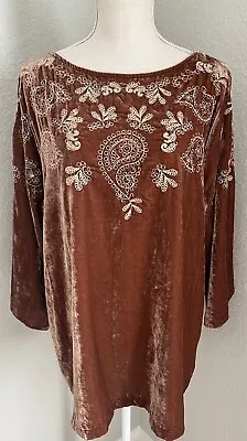 J Jill Crushed Velvet Tunic Top Embroidered Blouse Bohemian Rust Brown Large • $29