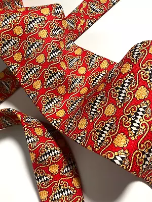 GIANNI VERSACE VINTAGE '90s MEDUSA BAROQUE TIE GRIDS LOZENGE ITALY RED • $84.84