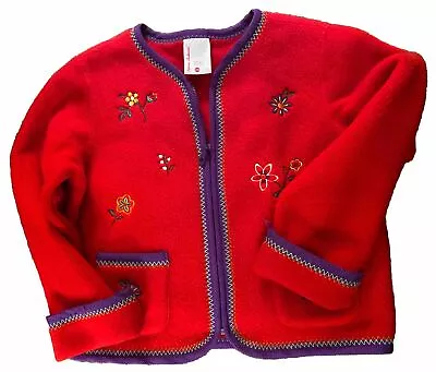 HANNA ANDERSSON GIRLS FLEECE JACKET RED EMBROIDERY 120 6-7 Years • $10.59