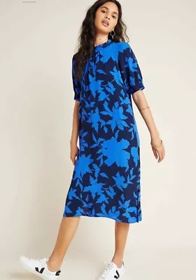 Anthropologie McKenzie Mock Neck Short Sleeve Midi Dress Blue Floral Size XS • $36