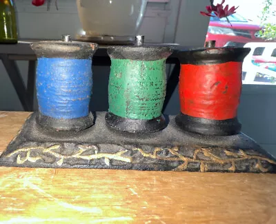Cast Iron Spool Holder W/ 3 Cast Iron Spools Of Thread; Red Green & Blue: 4.5  • $45