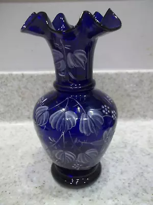 Possibly Mary Gregory Hand Painted 7  Cobalt Blue Vase Ruffled Rim White Flowers • $25